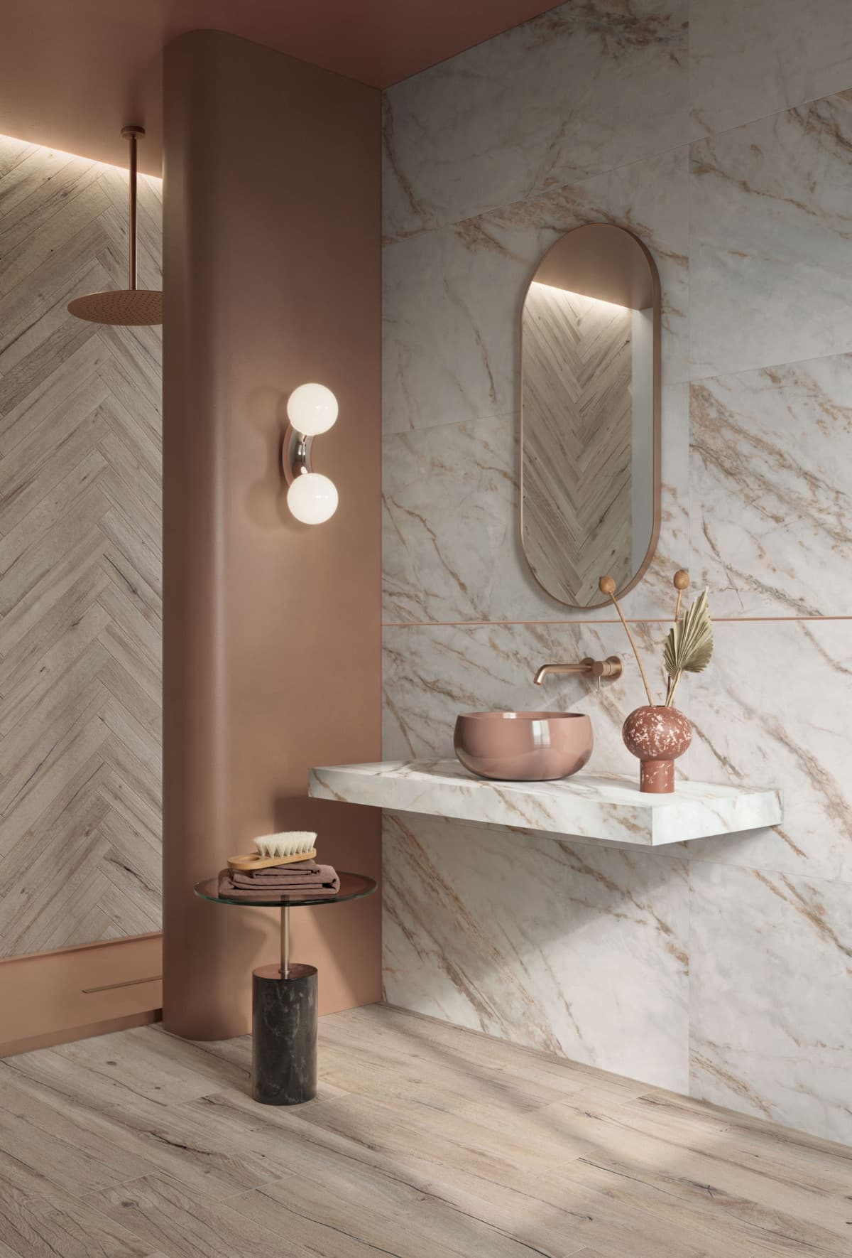 Chique badkamer met visgraat wandtegels, marmeren accenten en een moderne wastafel, die een luxe en verfijnde uitstraling biedt.