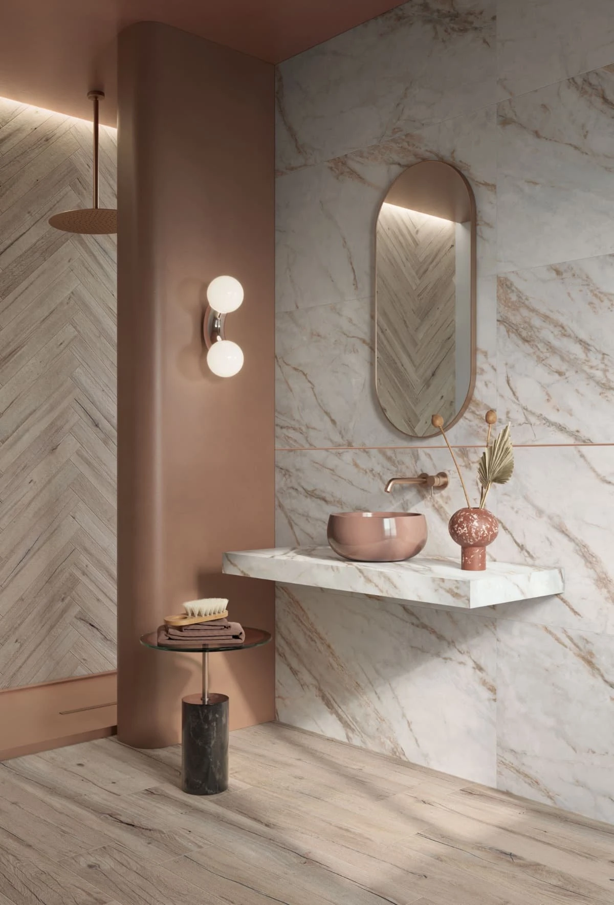 Chique badkamer met visgraat wandtegels, marmeren accenten en een moderne wastafel, die een luxe en verfijnde uitstraling biedt.