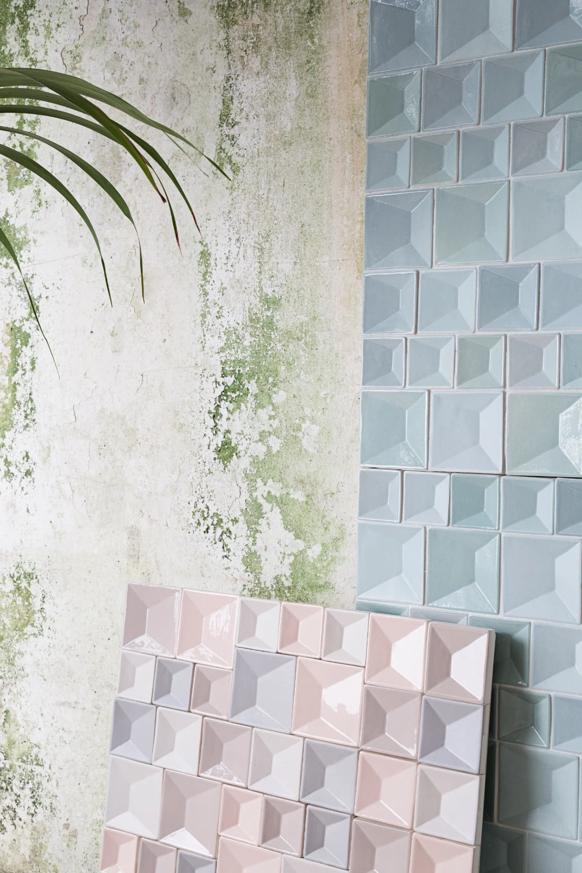 Een kleurrijke wand met tegels in verschillende zachte tinten, waaronder lichtblauw, pastelroze, en grijs, gerangschikt in een geometrisch patroon, naast een groenige, verweerde muur en een plant.